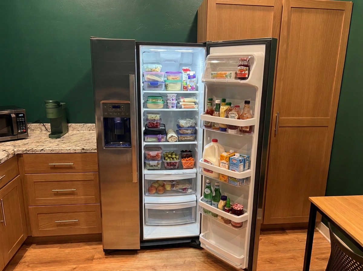 The student kitchen at Redefine Learning Academy, with the fridge open and full of food from home