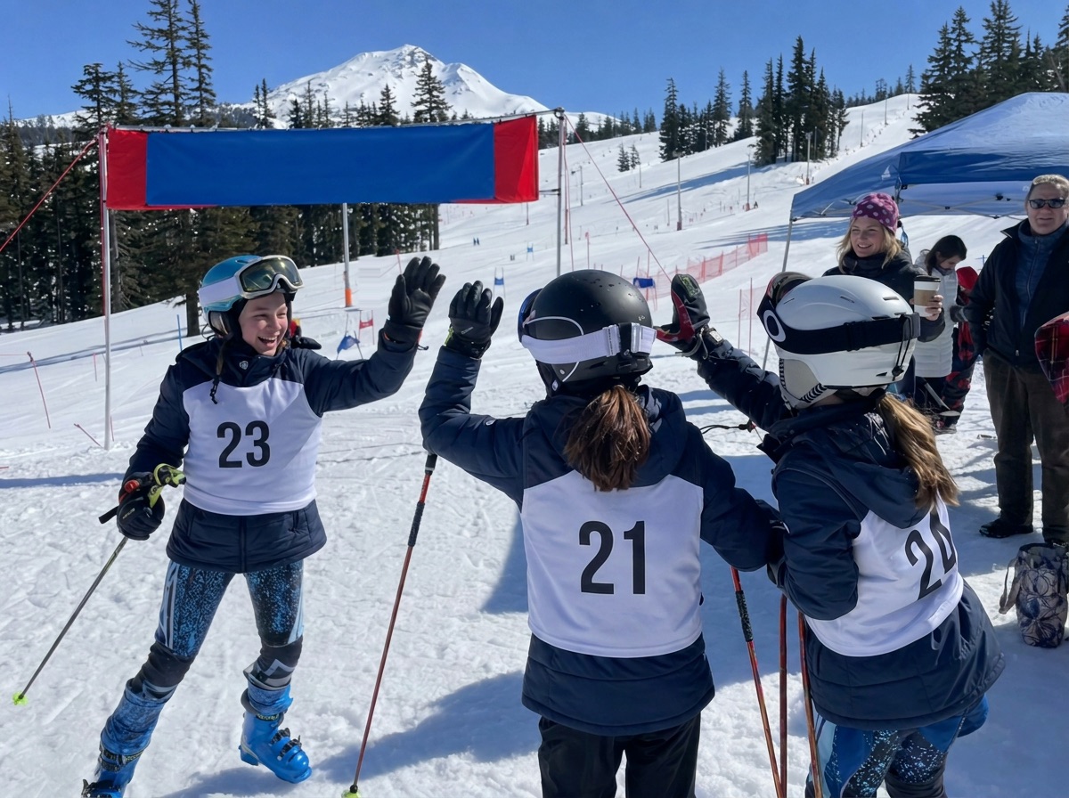 Young ski racers high-fiving teammates at the finish of a race